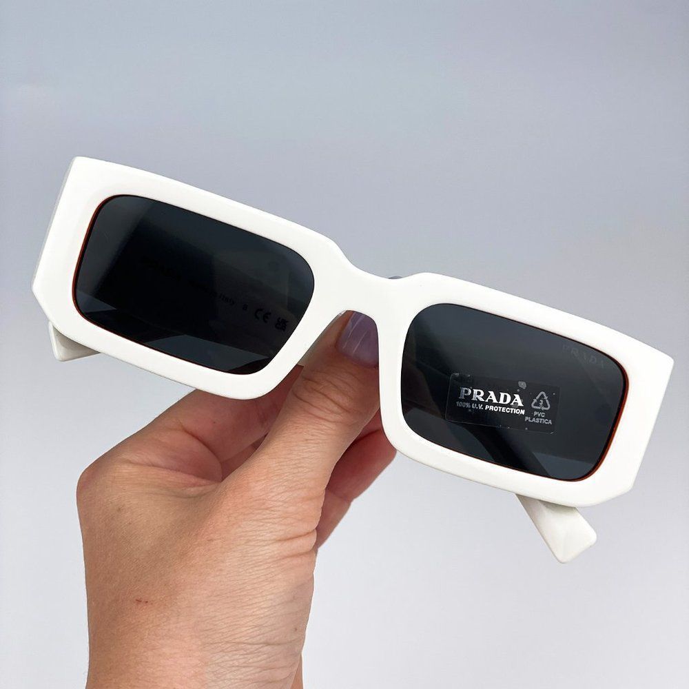 🔥Prada PR06YS 17M5S0 Sunglasses Talc Orange Dark Grey Rectangle Unisex - Picture 7 of 14